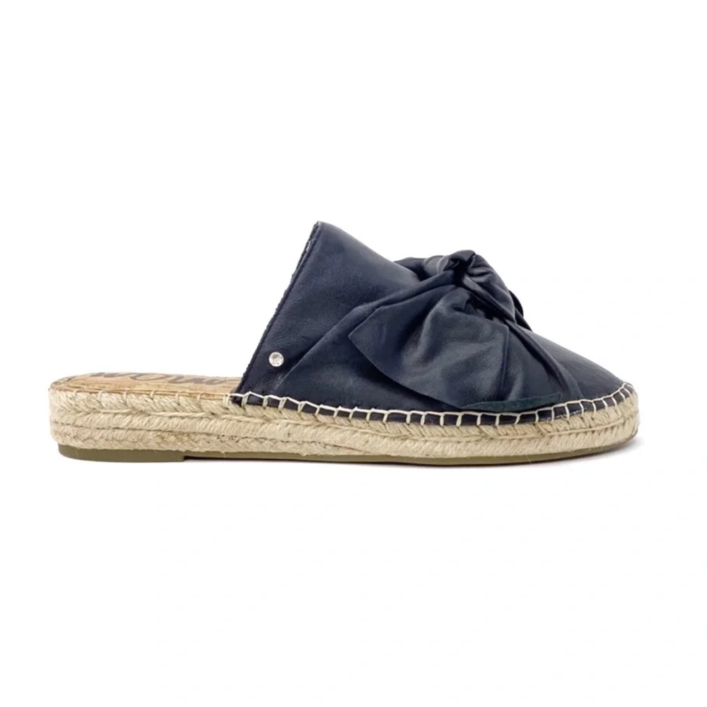 Sam Edelman Espadrille Mules Lynda Black Leather Shoes Size 8 Bow Slides New